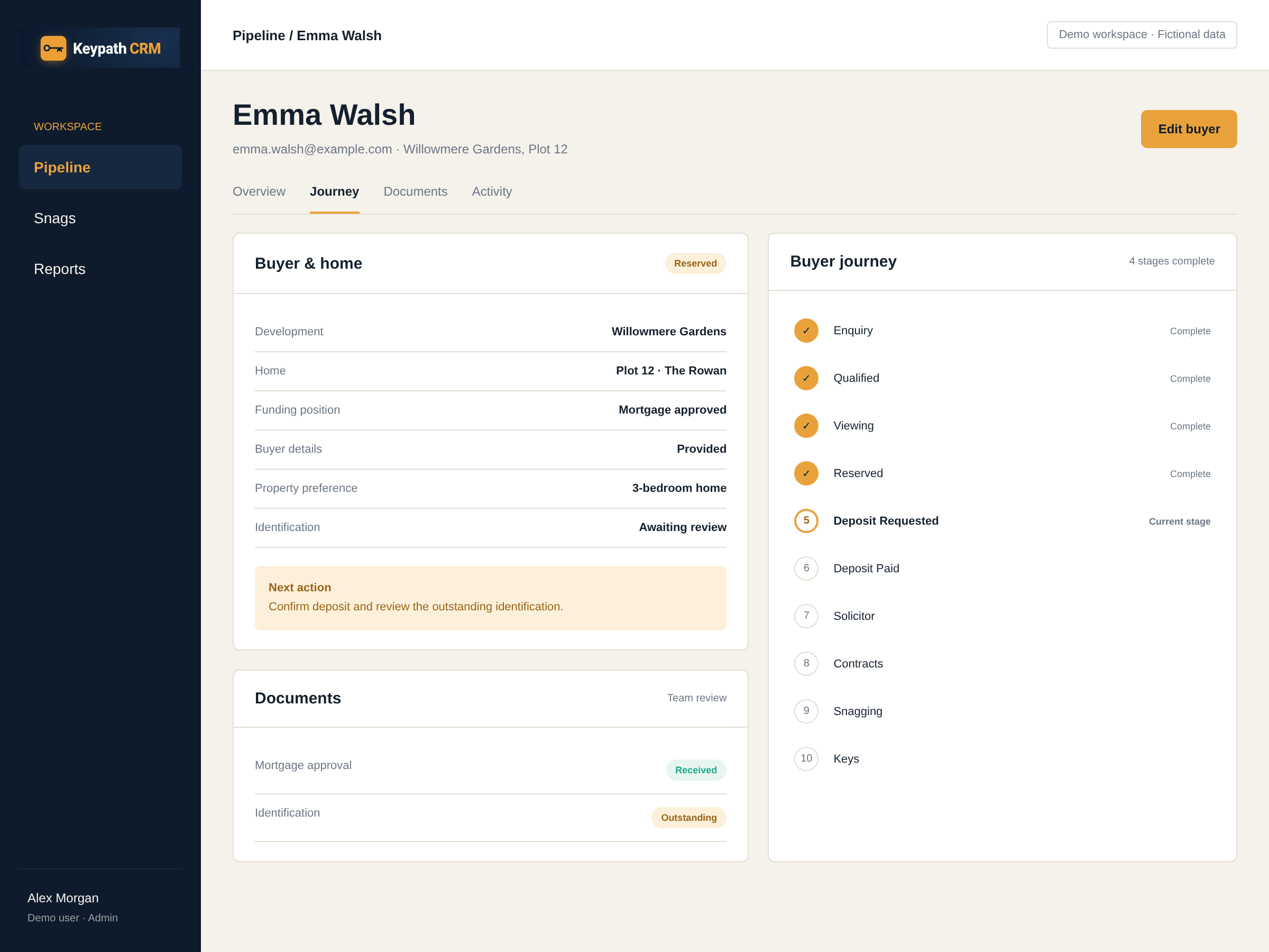 Keypath CRM fictional buyer record with documents and buyer journey stages