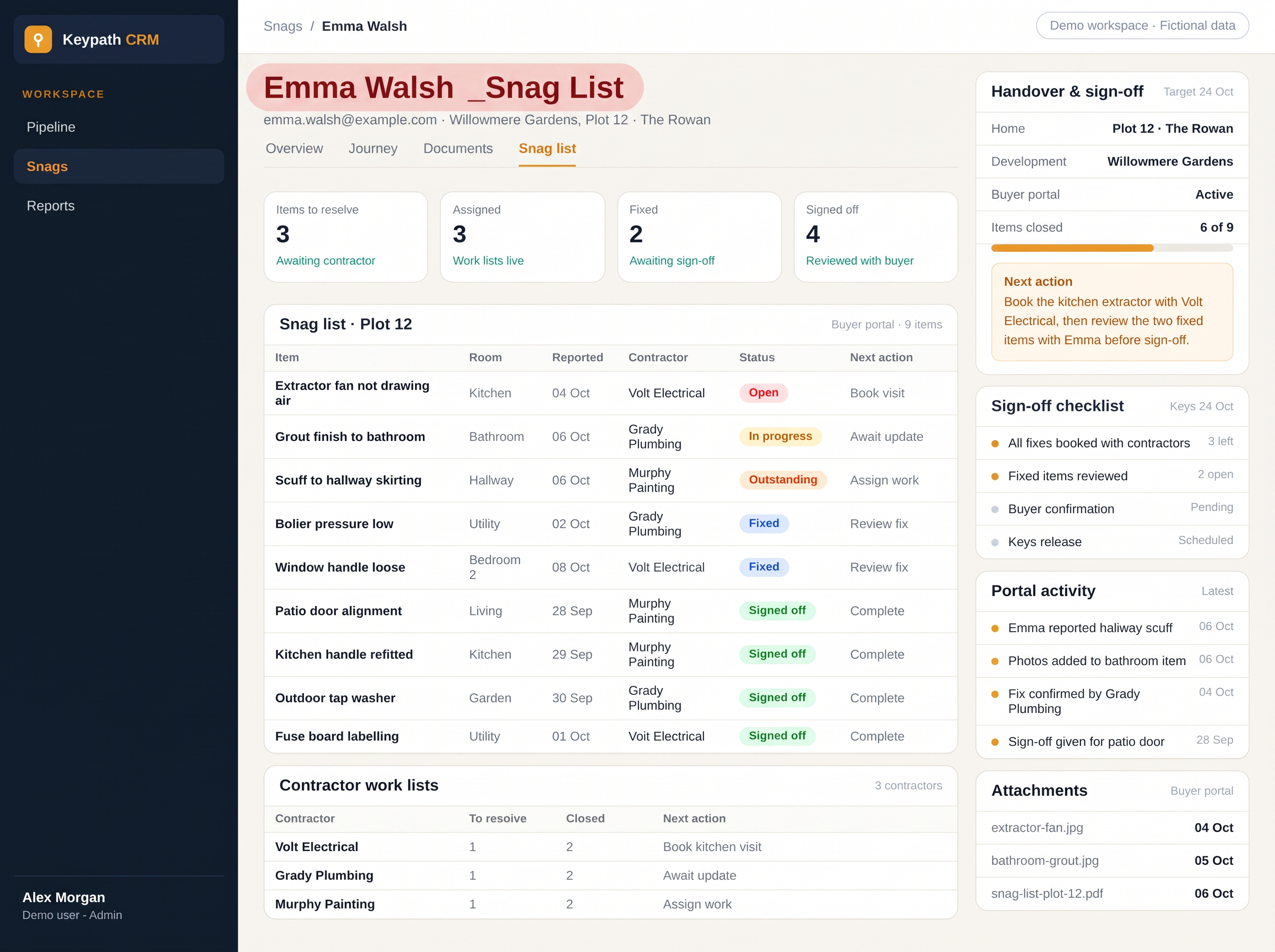 Emma Walsh _Snag List — fictional buyer snag list with a prominent light-red heading